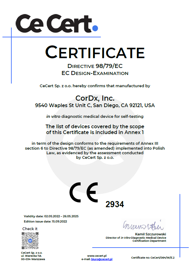 Coretests Combo Ag Test — certyfikaty i zgodność (IVDD, CE, EUDAMED, ISO)